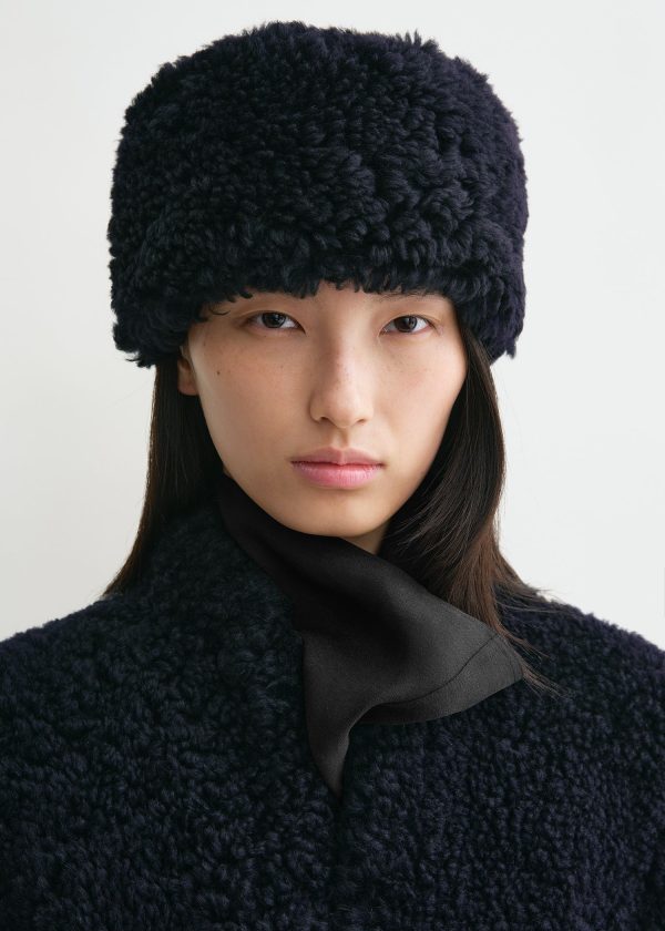 Shearling pillbox hat navy For Discount