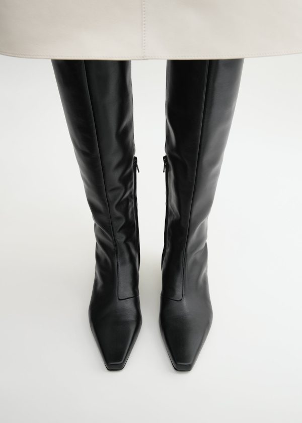 Slim leather knee-high boots black Online now